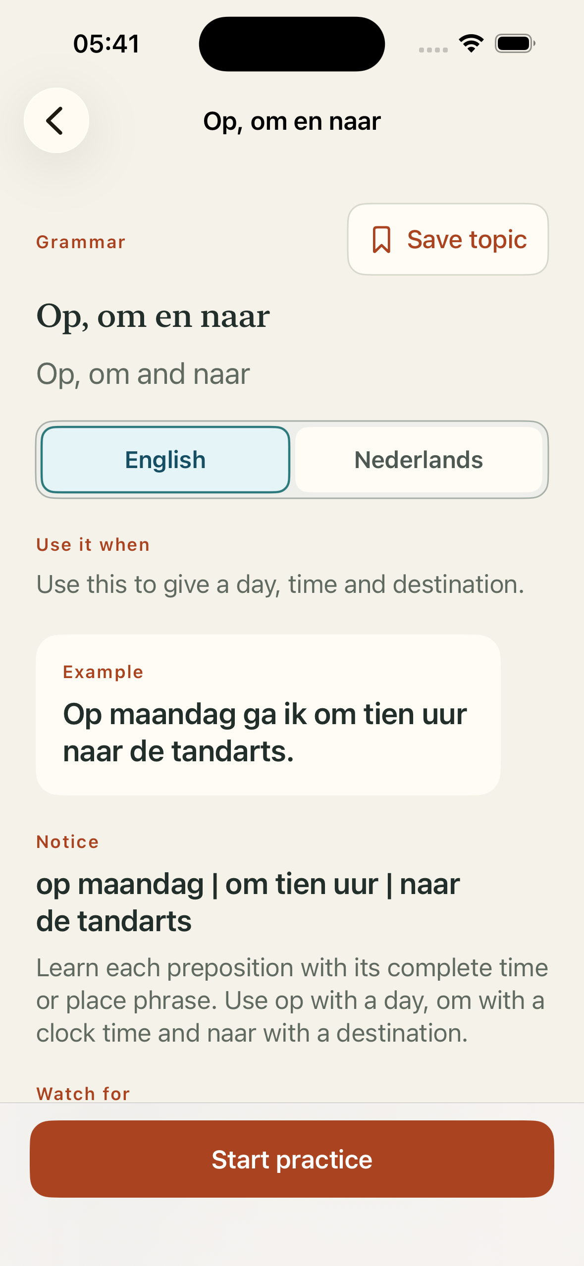 InburgeringGo Dutch grammar topic with English support, an example and Start practice button.