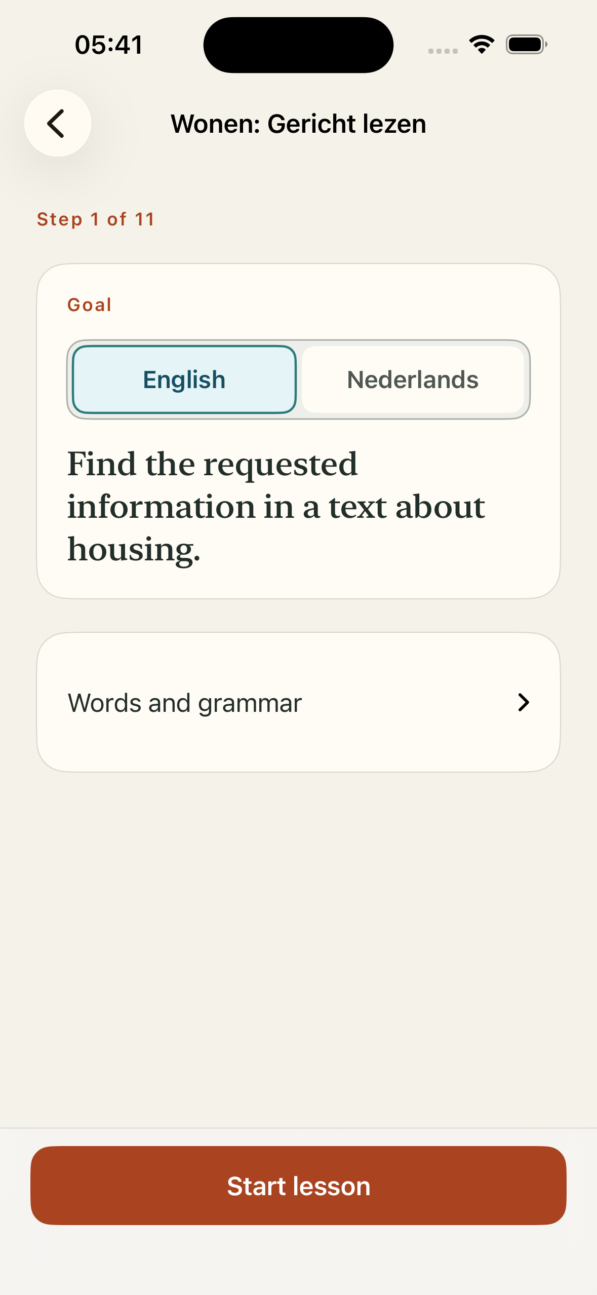 InburgeringGo Dutch reading lesson about housing with an English goal and words and grammar link.