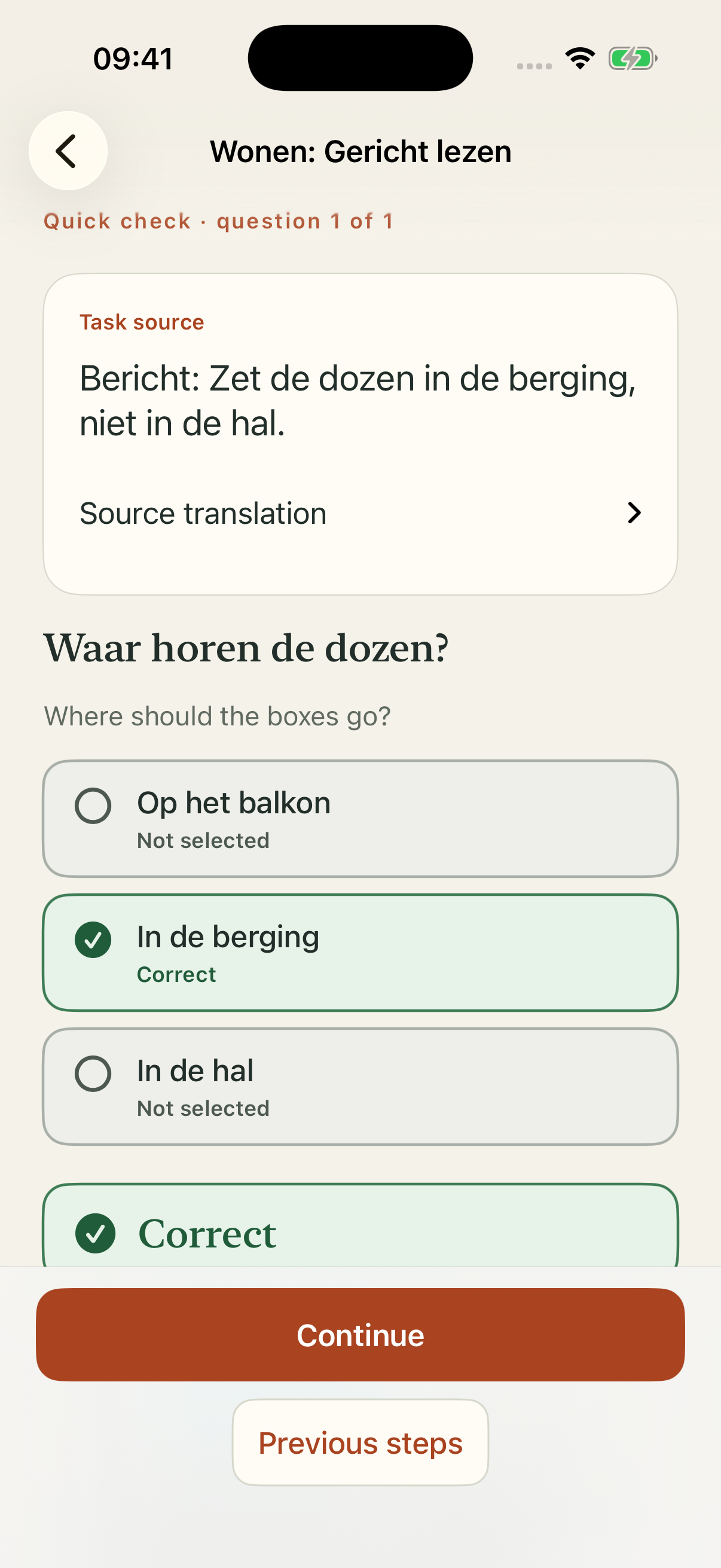 InburgeringGo reading practice with a checked answer and its explanation.