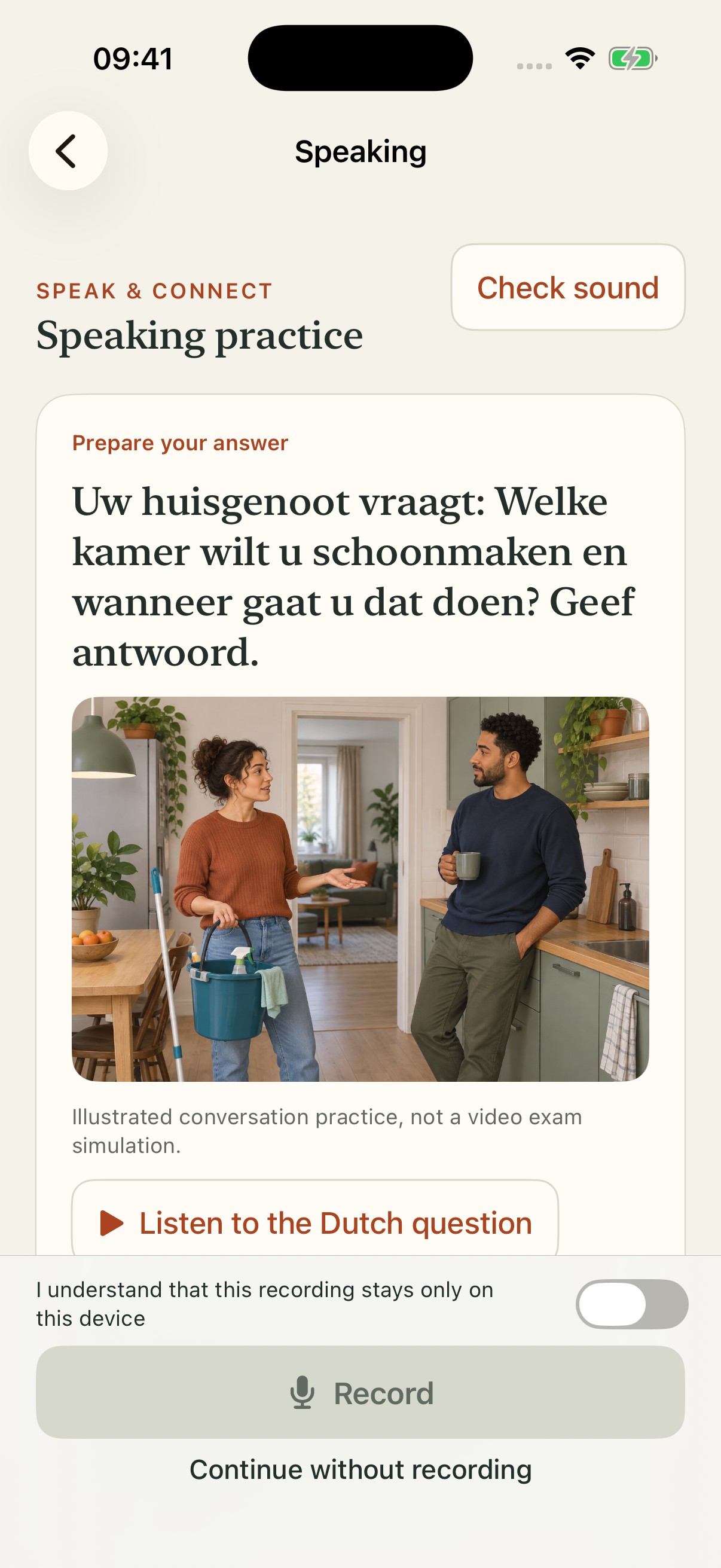 InburgeringGo speaking practice with a Dutch housemate prompt, an illustrated conversation and on-device recording controls.