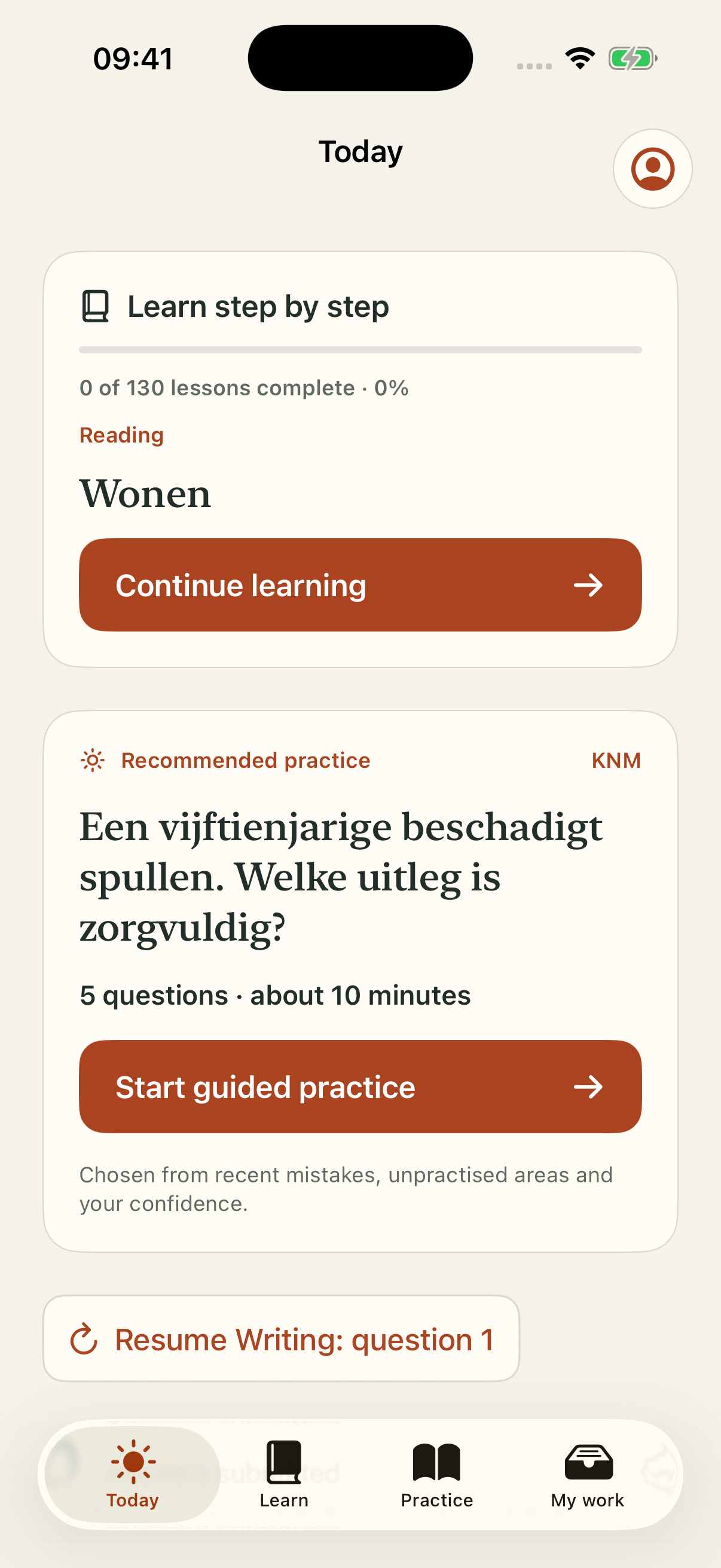 InburgeringGo Today screen with the next housing lesson, guided KNM practice and a saved writing task ready to resume.