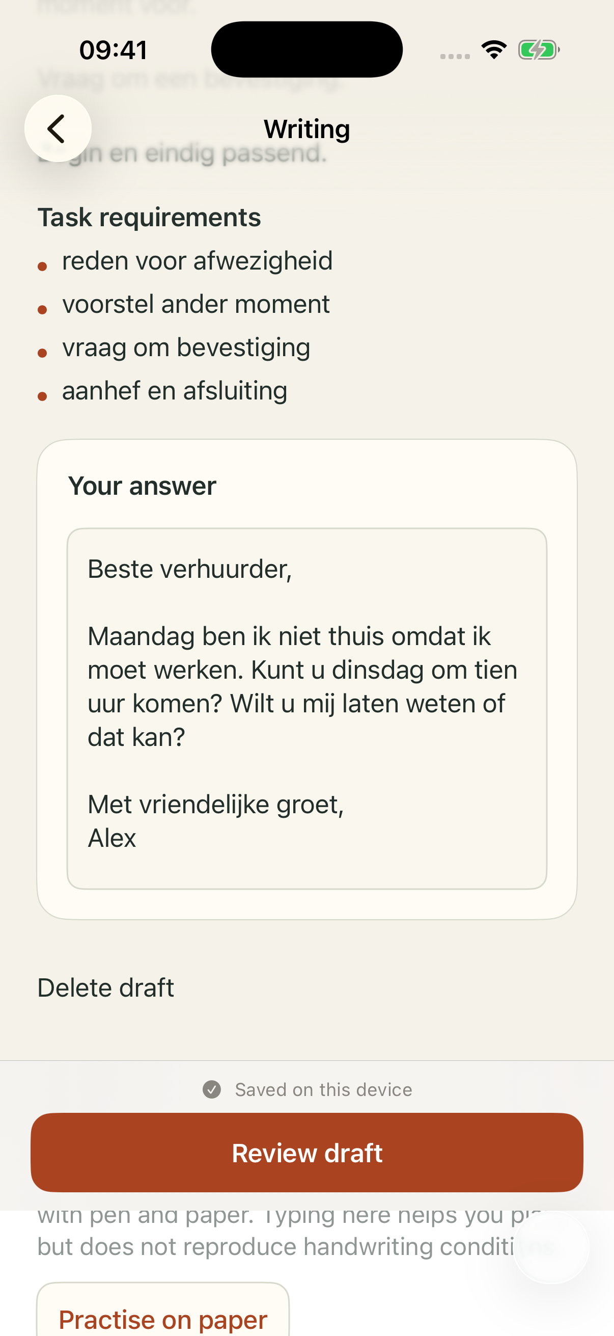 InburgeringGo writing practice showing task requirements and a fictional Dutch draft signed Alex, saved on this device.